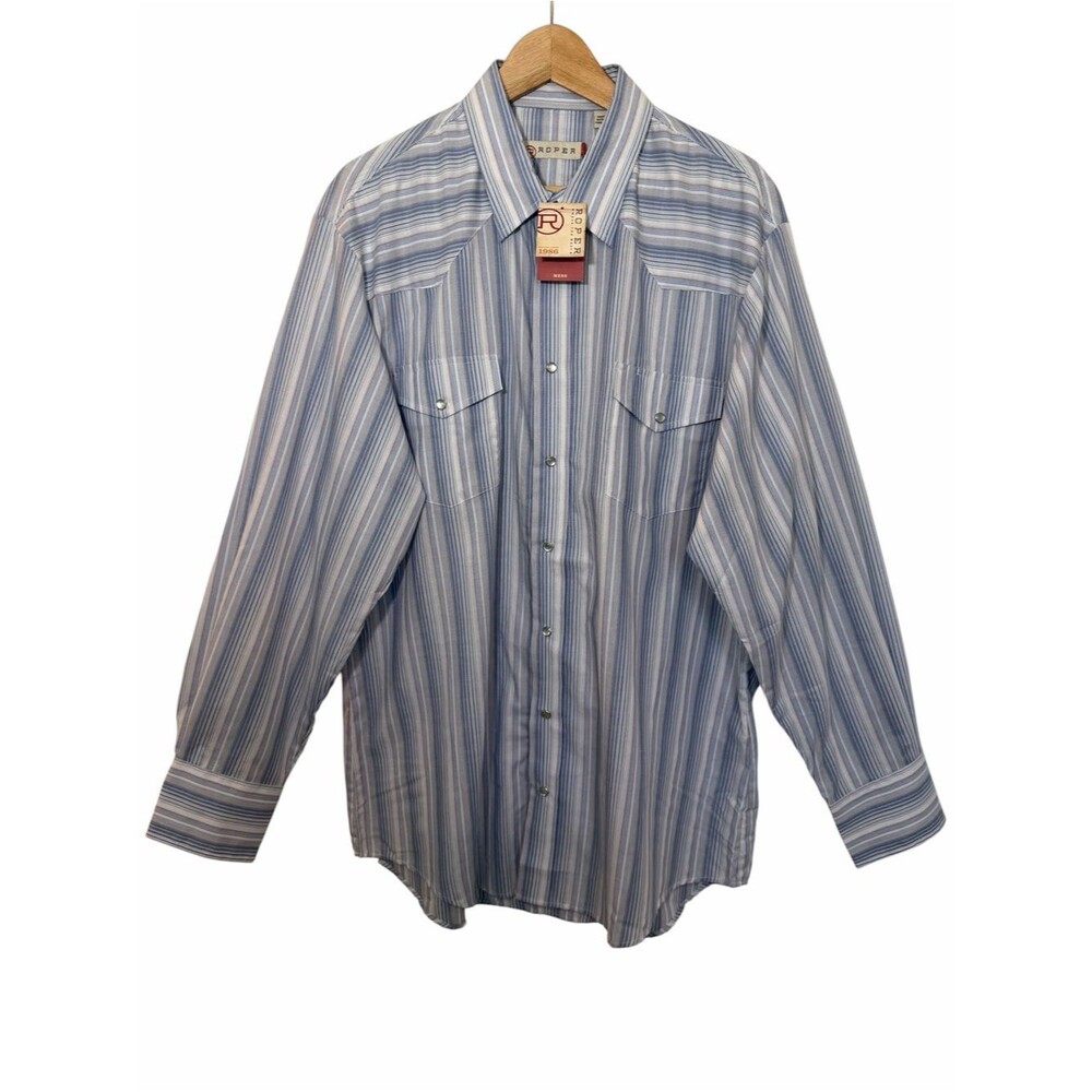 Roper Blue Striped Collar Pearl Snap Long Slv Western Shirt Men XL Pocket Rodeo